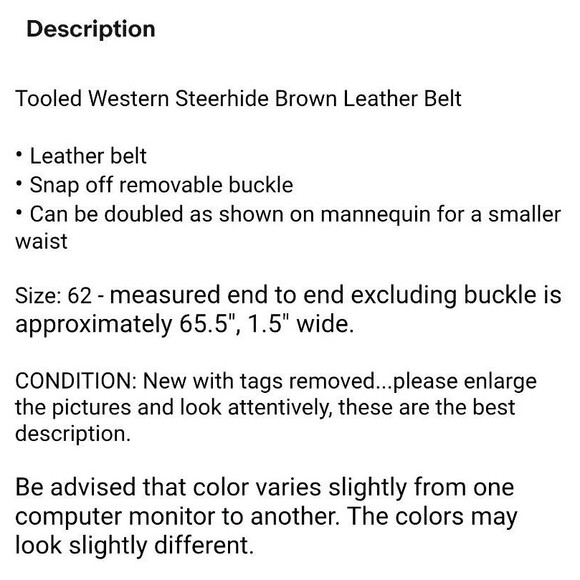 Tooled Western Steerhide Brown Leather Belt  Size 62  Removable Buckle Cowboy - Picture 7 of 7